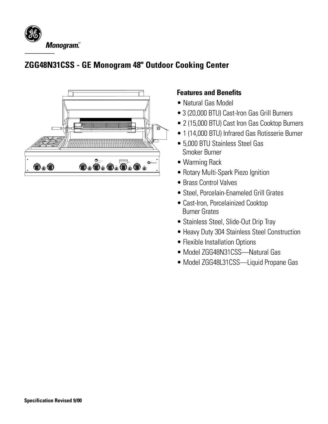 GE Monogram ZGG48N31CSS dimensions Features and Benefits, Natural Gas Model 