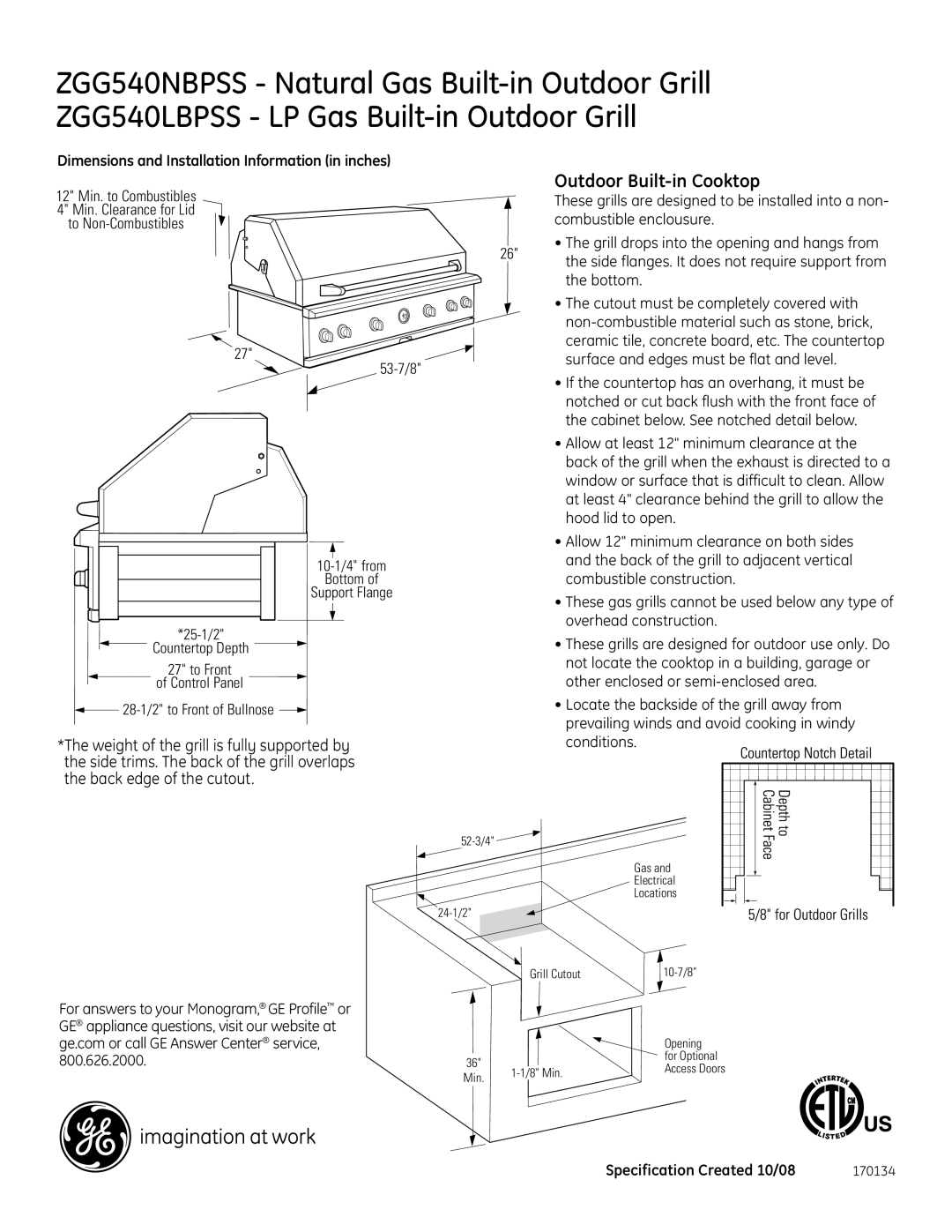 GE Monogram ZGG540LBPSS dimensions Outdoor Built-in Cooktop, Dimensions and Installation Information in inches 