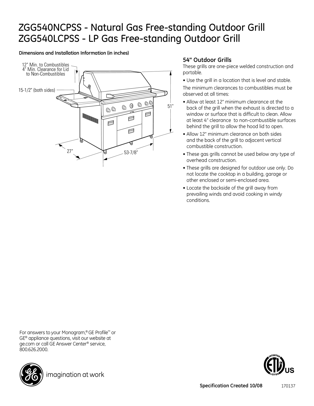 GE Monogram ZGG540LCPSS, ZGG540NCPSS dimensions Outdoor Grills 