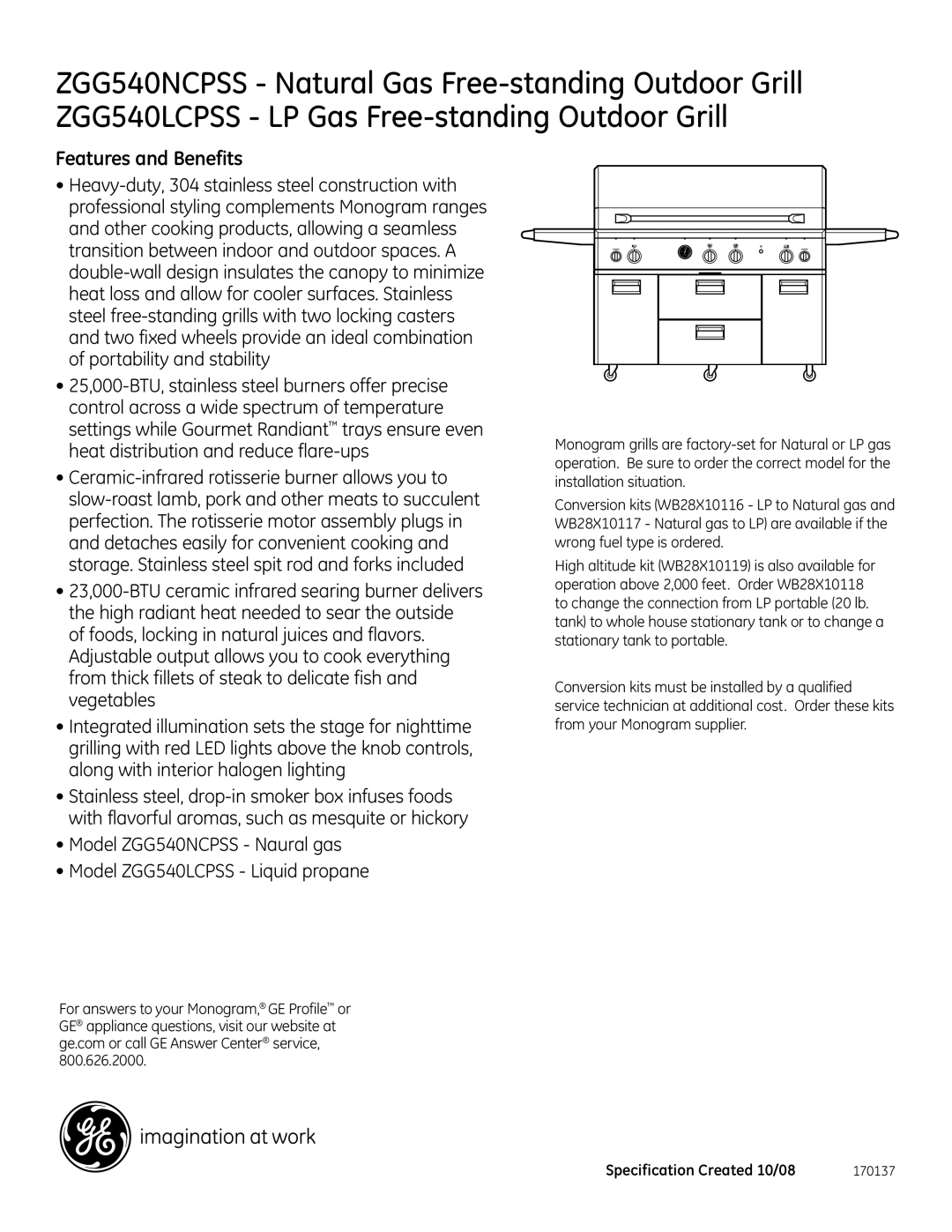 GE Monogram ZGG540NCPSS, ZGG540LCPSS dimensions Features and Benefits 