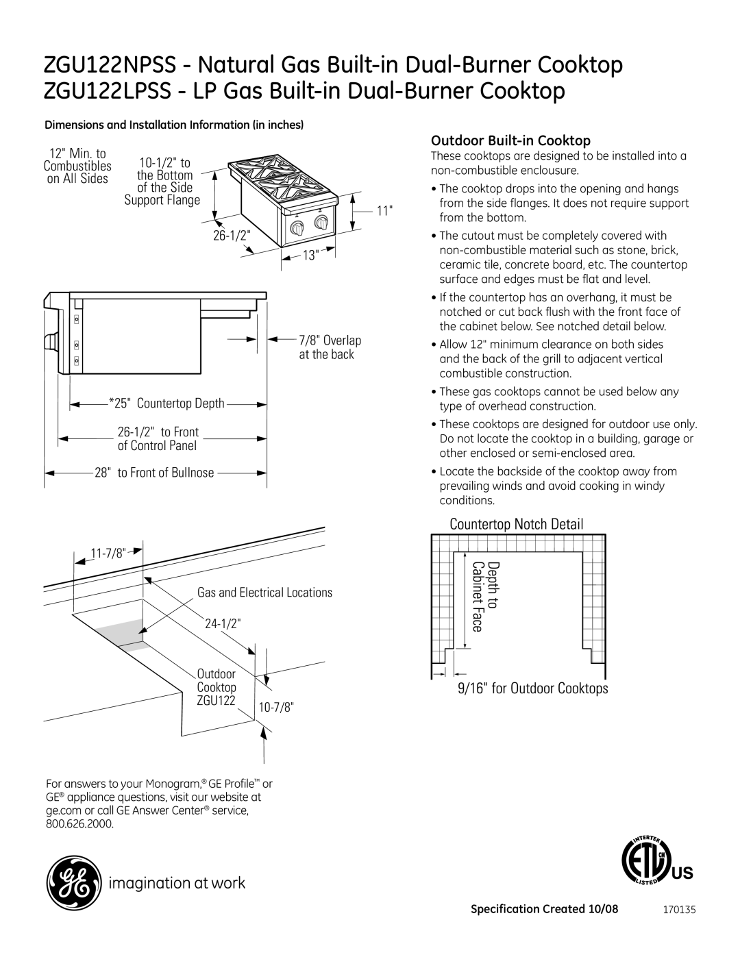 GE Monogram ZGU122LPSS, ZGU122NPSS dimensions Outdoor Built-in Cooktop 