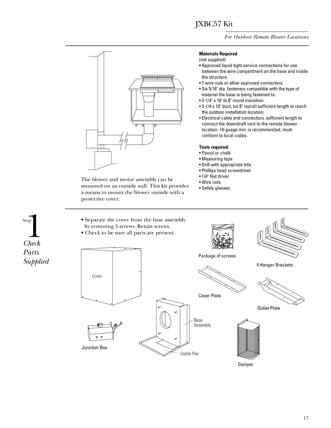 GE Monogram ZGU365 installation instructions JXBC57 Kit, Check Parts Supplied 