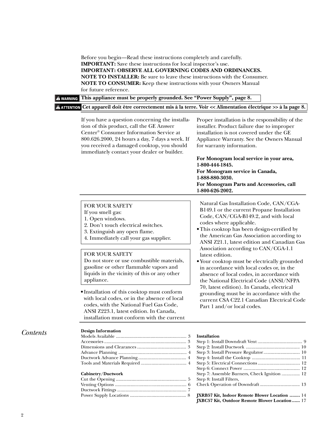 GE Monogram ZGU365 installation instructions Contents 