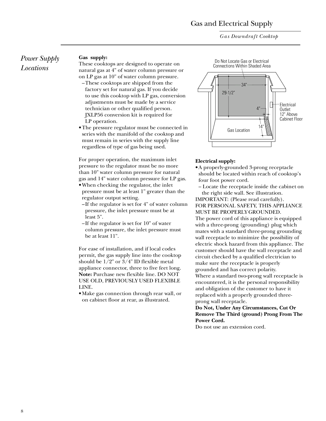 GE Monogram ZGU365 installation instructions Gas and Electrical Supply, Gas supply, Electrical supply 