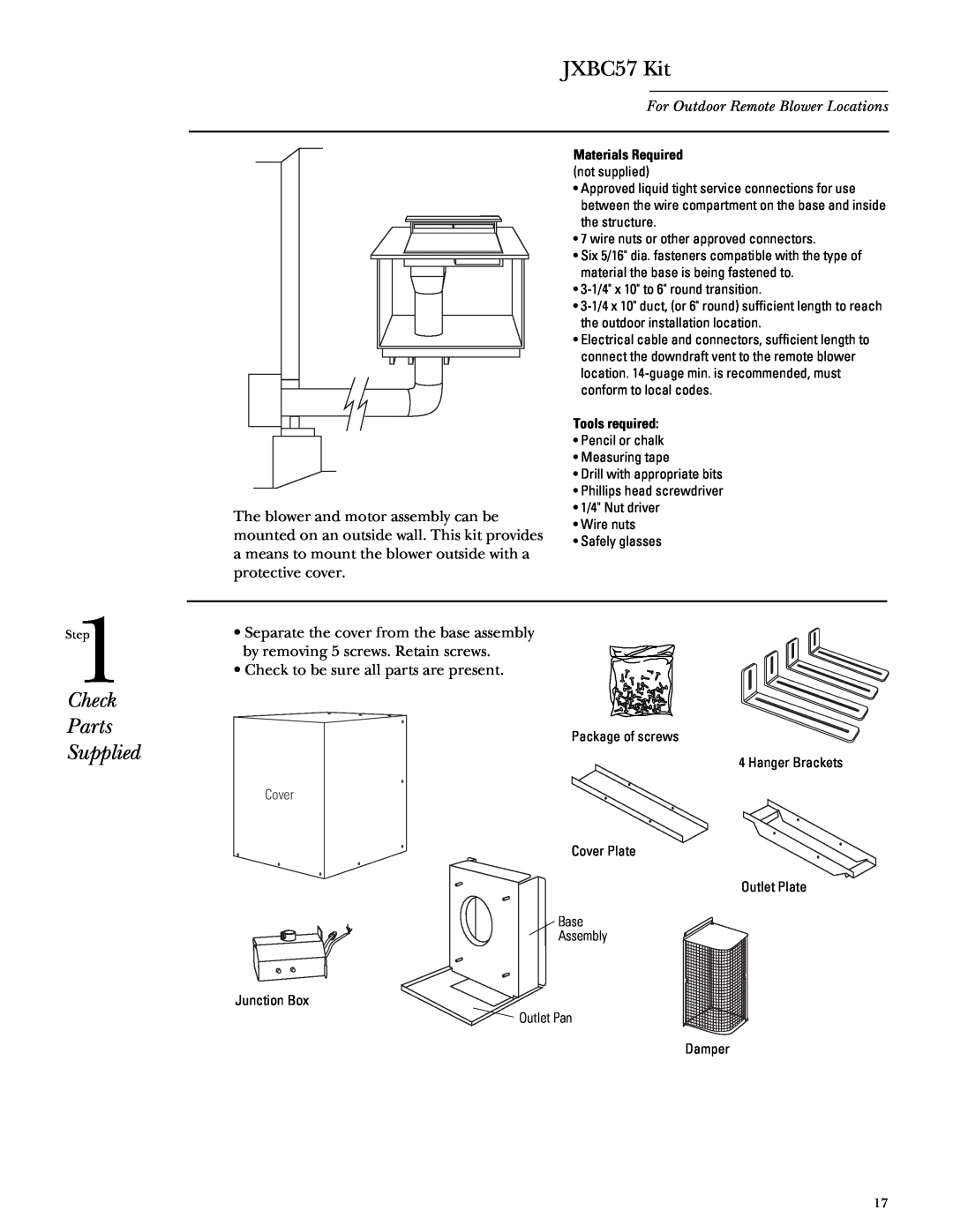 GE Monogram ZGU365 installation instructions JXBC57 Kit, Check Parts Supplied 