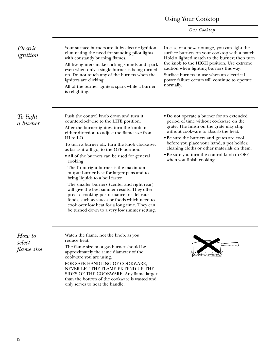 GE Monogram ZGU36K owner manual Electric ignition, To light a burner, How to select flame size 