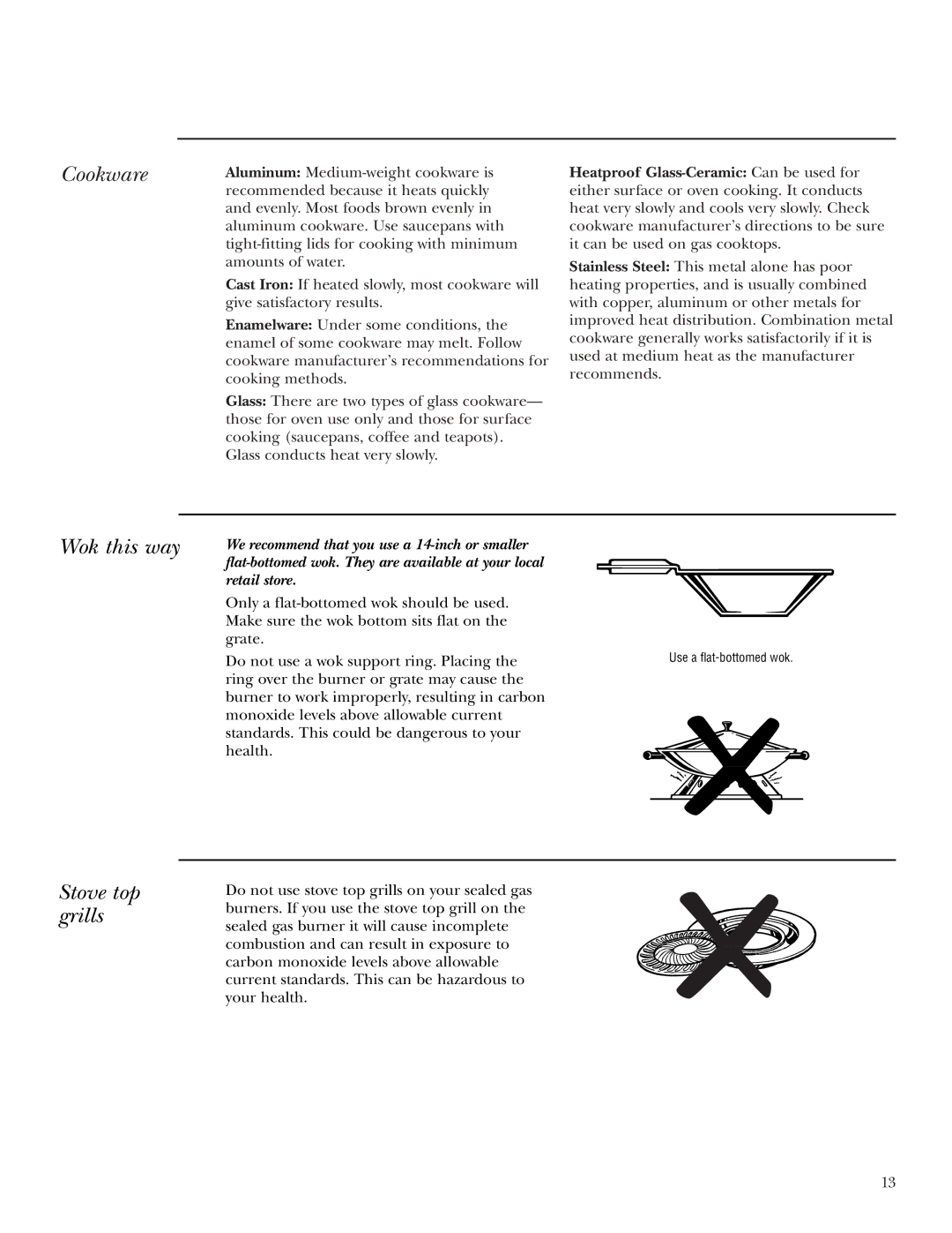GE Monogram ZGU36K owner manual Cookware, Wok this way Stove top grills 