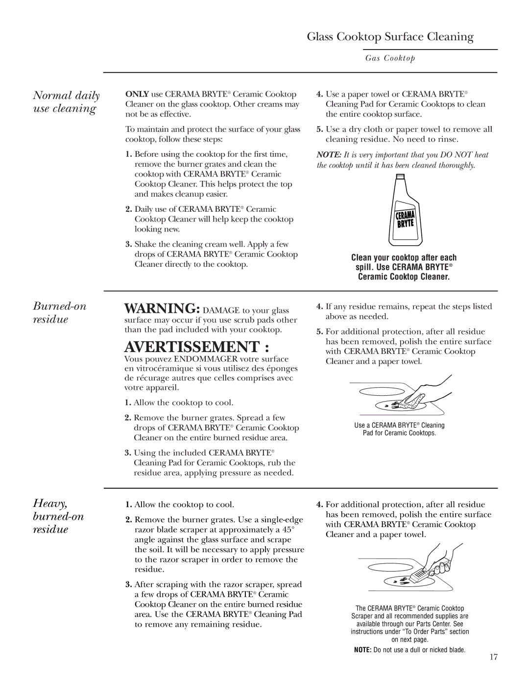 GE Monogram ZGU36K owner manual Avertissement, Normal daily use cleaning, Burned-on residue, Heavy, burned-on residue 