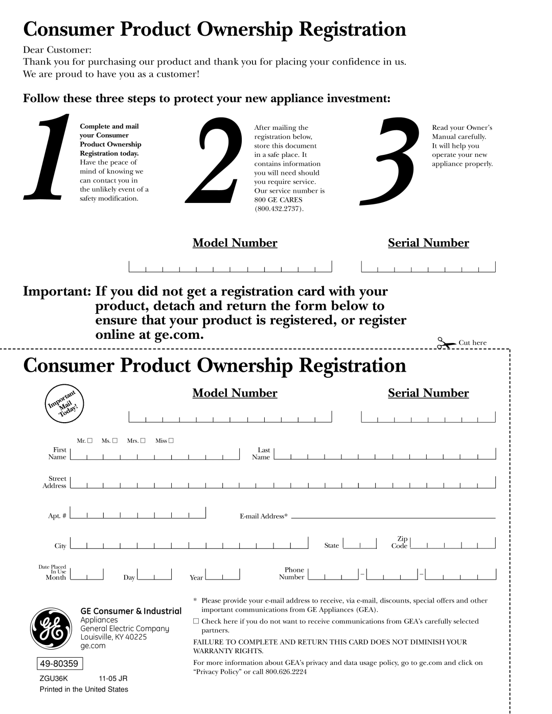 GE Monogram ZGU36K owner manual Consumer Product Ownership Registration 