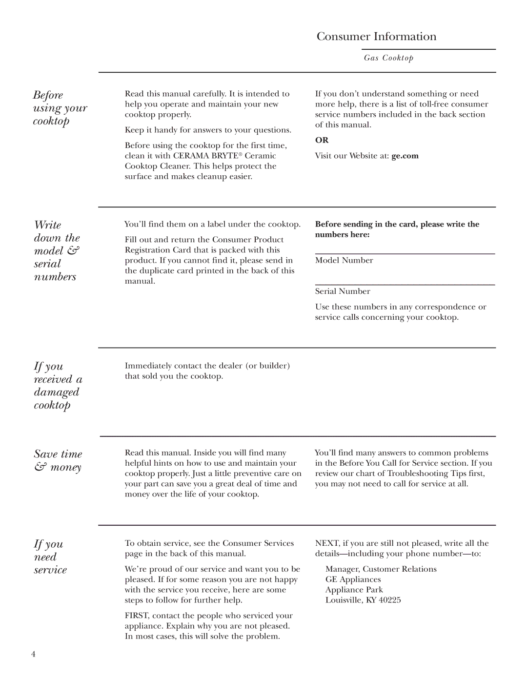 GE Monogram ZGU36K owner manual Before using your cooktop, Write down the model & serial numbers, If you need service 