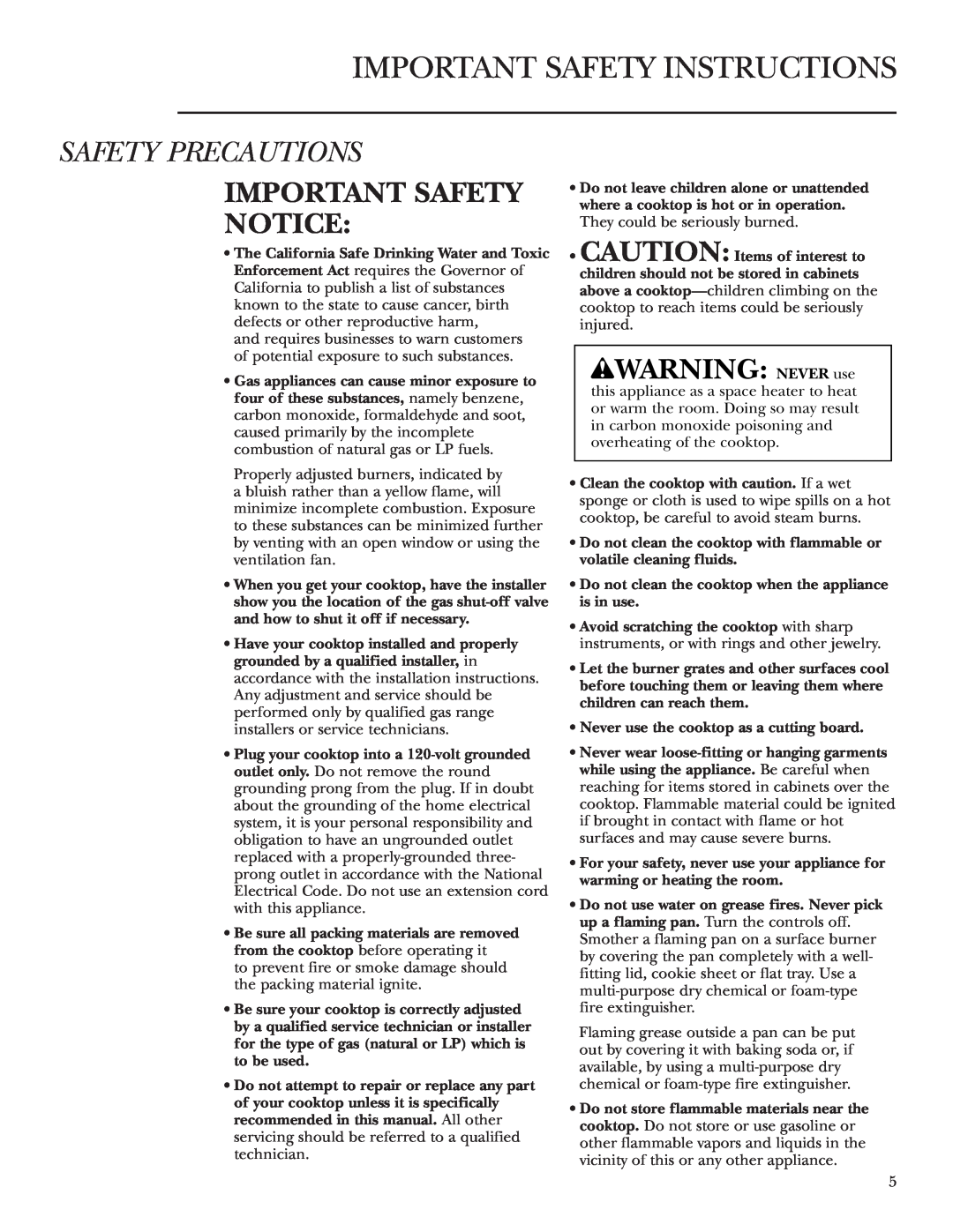 GE Monogram ZGU36K owner manual Important Safety Instructions, Safety Precautions, wWARNING NEVER use 