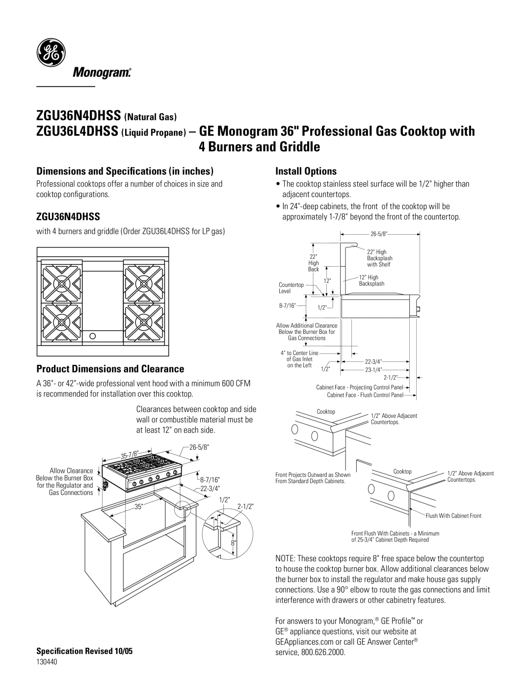 GE Monogram ZGU36N4DHSS, ZGU36L4DHSS dimensions Dimensions and Speciﬁcations in inches, Product Dimensions and Clearance 