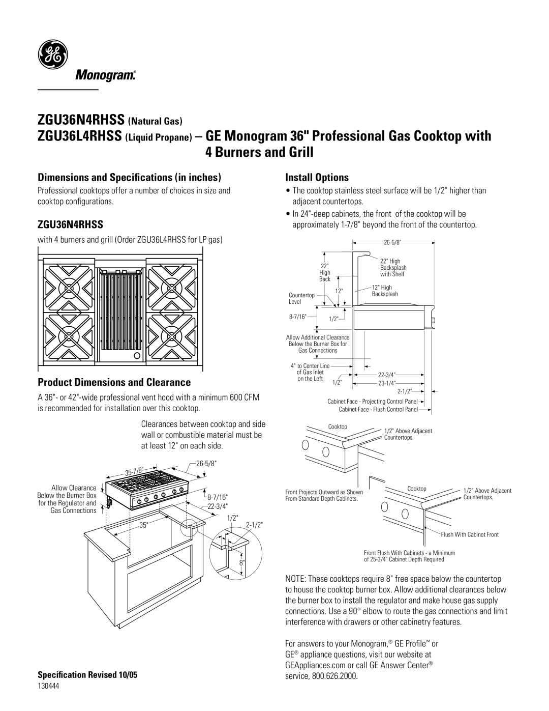 GE Monogram ZGU36L4RHSS, ZGU36N4RHSS dimensions Dimensions and Speciﬁcations in inches, Product Dimensions and Clearance 