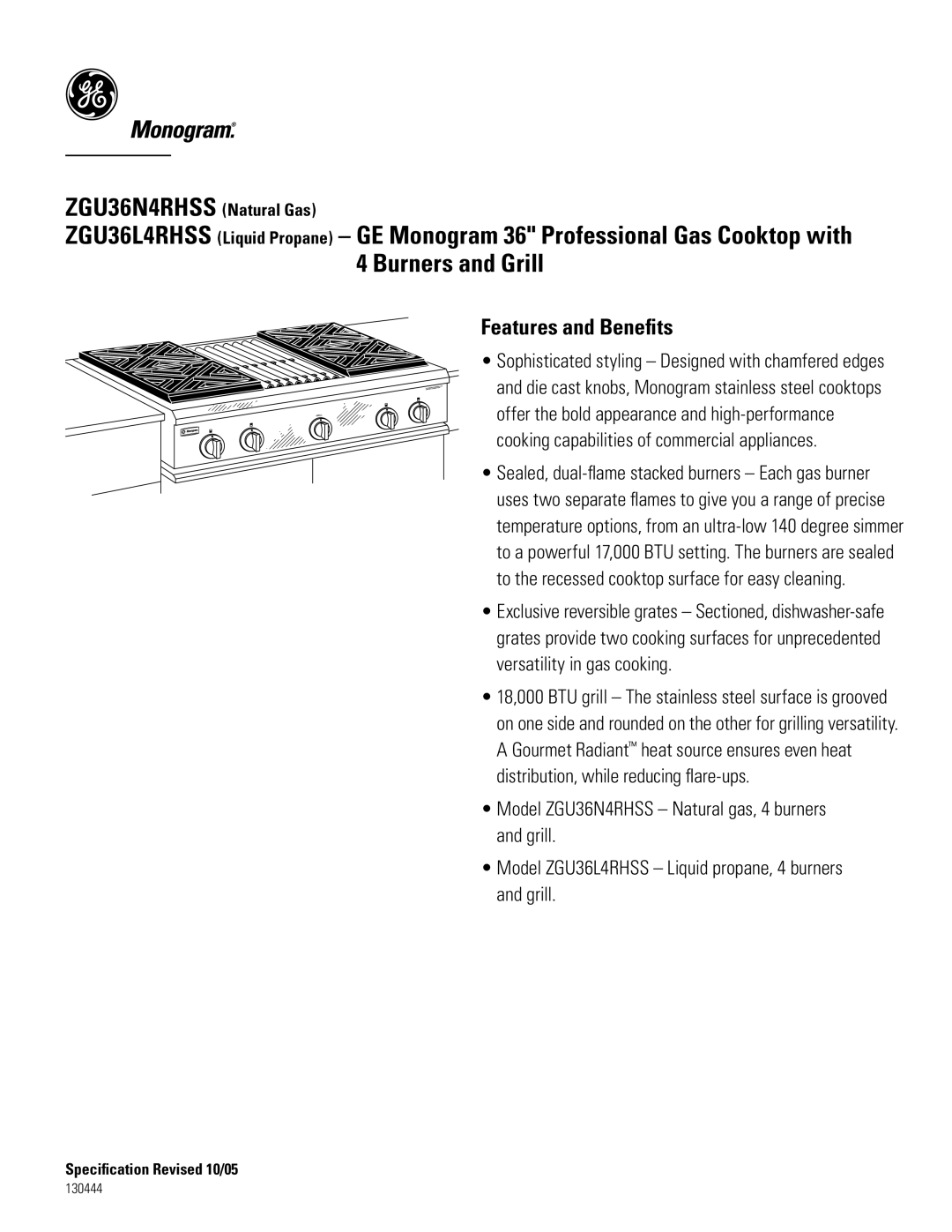 GE Monogram ZGU36L4RHSS, ZGU36N4RHSS dimensions Features and Beneﬁts 