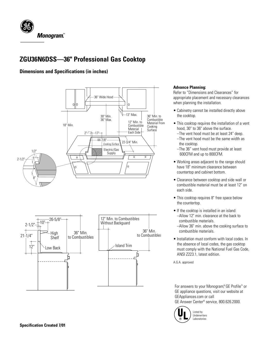 GE Monogram ZGU36N6DSS dimensions 26-5/8, Advance Planning 