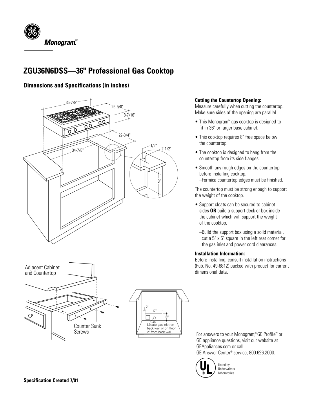 GE Monogram ZGU36N6DSS dimensions Cutting the Countertop Opening, Installation Information 