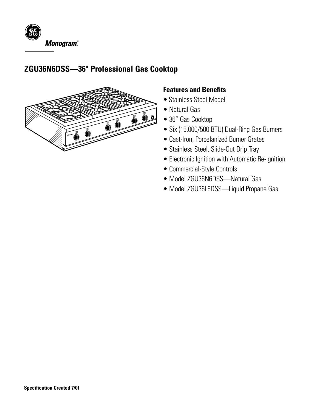 GE Monogram ZGU36N6DSS dimensions Features and Benefits 