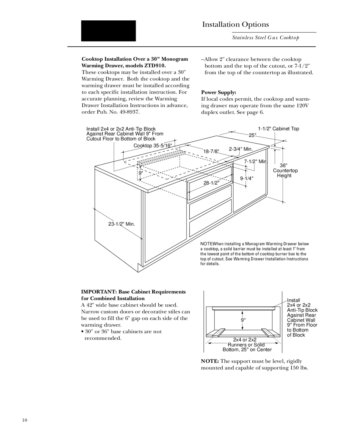 GE Monogram ZGU375NS, ZGU375LS installation instructions Installation With Warming Drawer 