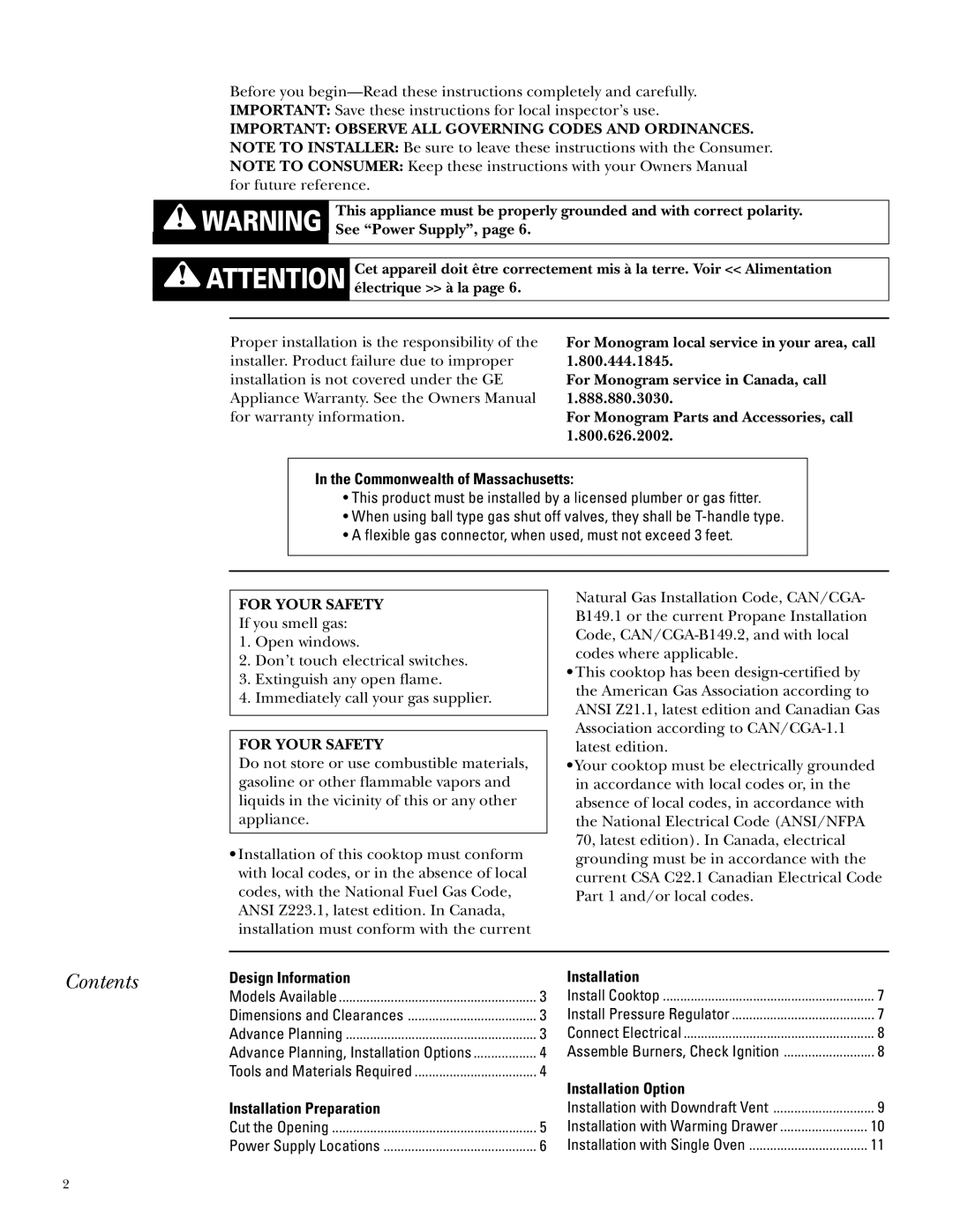 GE Monogram ZGU375NS, ZGU375LS installation instructions Contents 