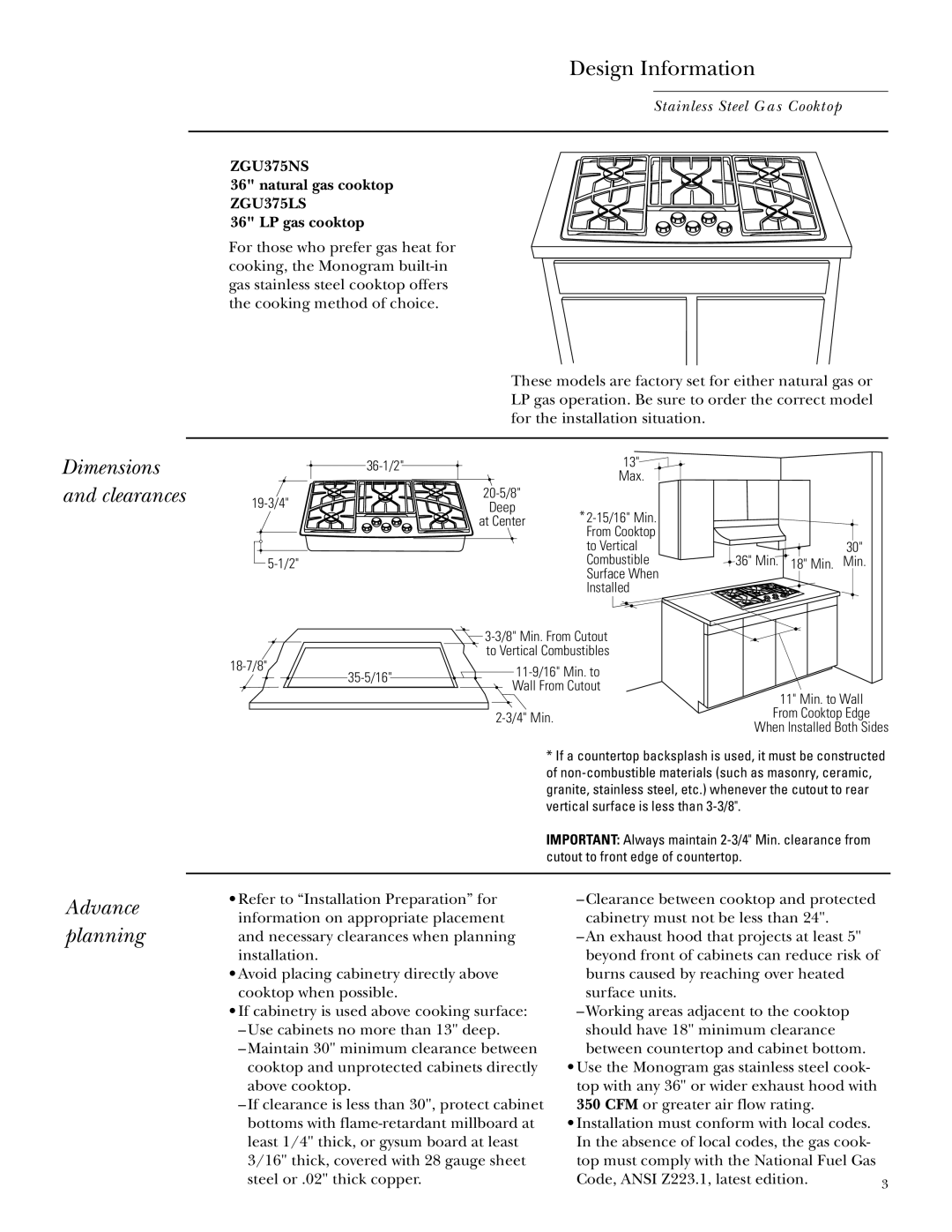 GE Monogram ZGU375NS installation instructions Advance planning, Natural gas cooktop ZGU375LS LP gas cooktop 