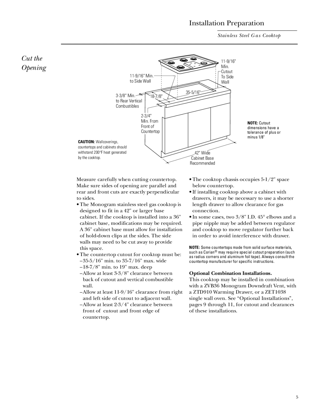 GE Monogram ZGU375LS, ZGU375NS installation instructions Cut the Opening, Optional Combination Installations 