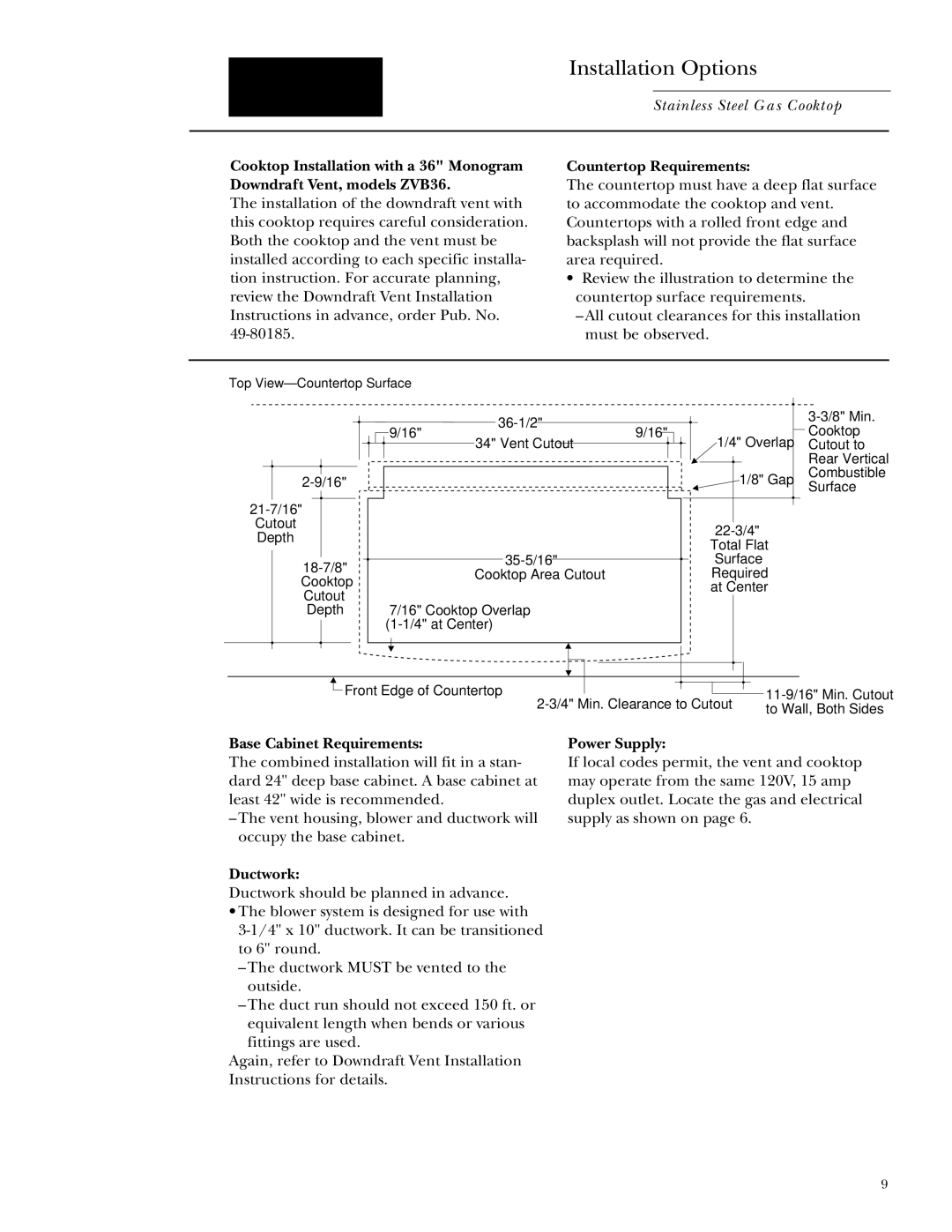 GE Monogram ZGU375LS, ZGU375NS Countertop Requirements, Base Cabinet Requirements Power Supply, Ductwork 