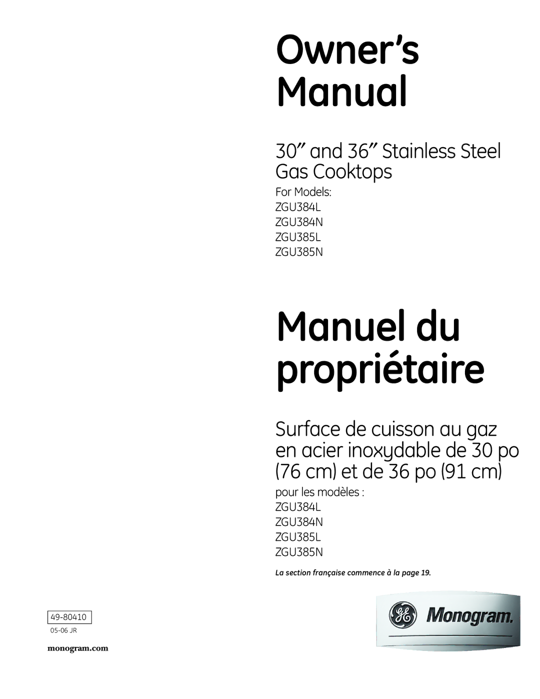 GE Monogram ZGU384L owner manual Owner’s Manual 