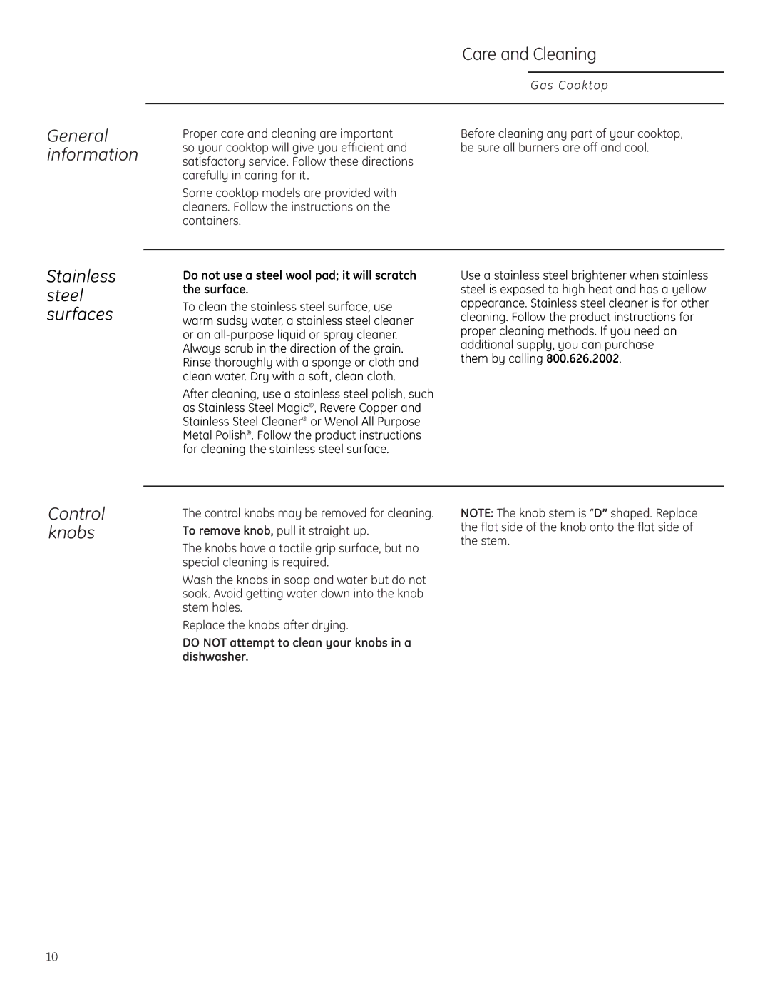 GE Monogram ZGU384L owner manual General information, Control knobs, Stainless steel surfaces 