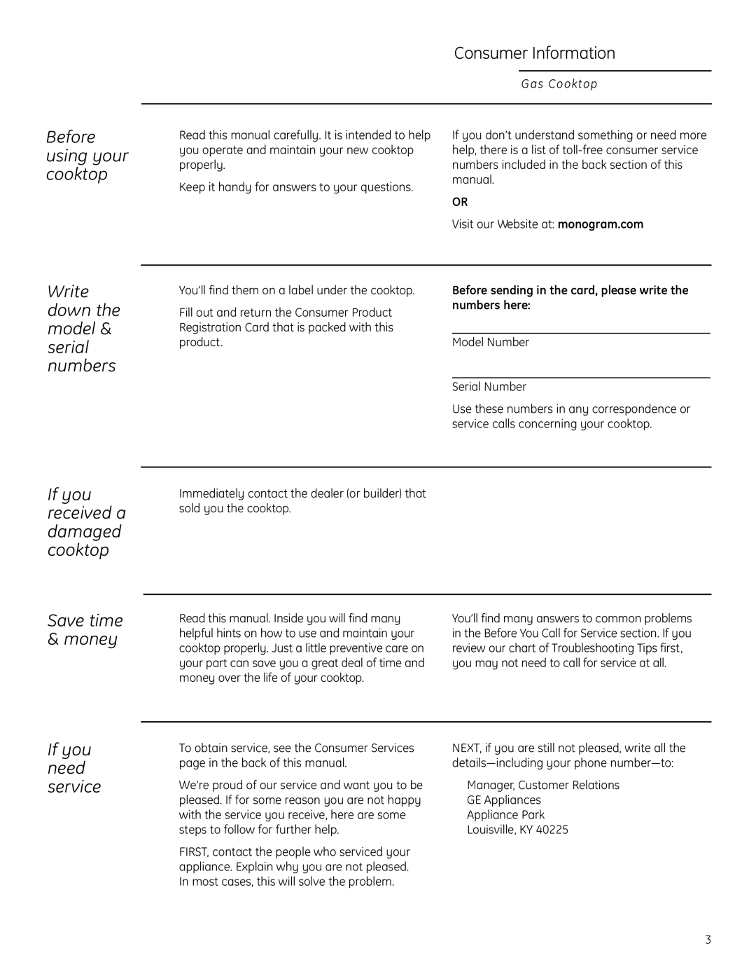 GE Monogram ZGU384L owner manual Before using your cooktop, Write down the model & serial numbers, If you need service 