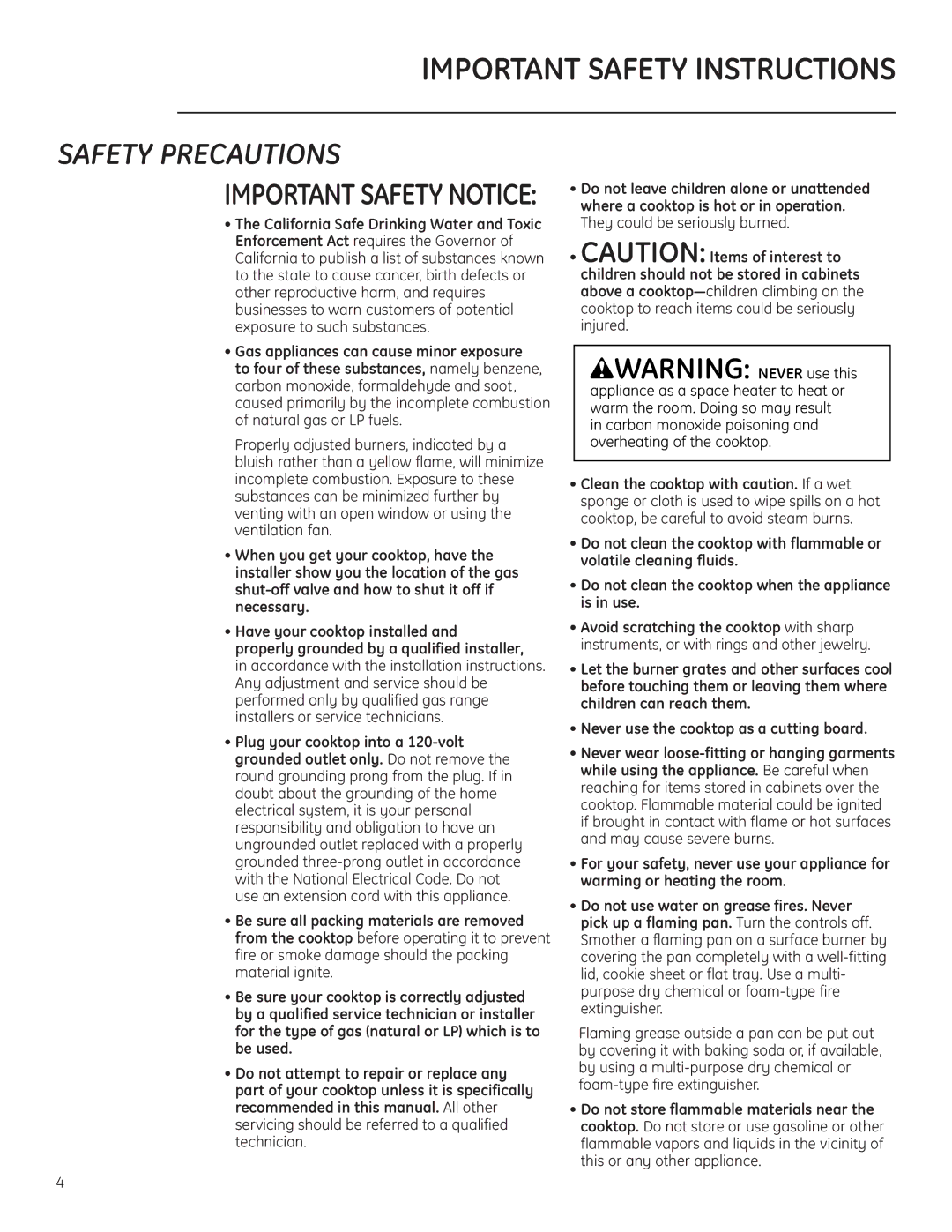 GE Monogram ZGU384L owner manual Safety Precautions 