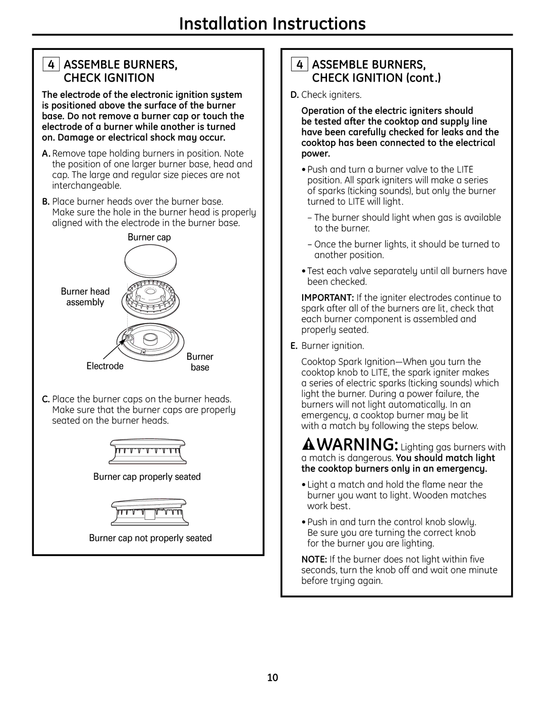 GE Monogram ZGU384N installation instructions Assemble BURNERS, Check Ignition, Check igniters 