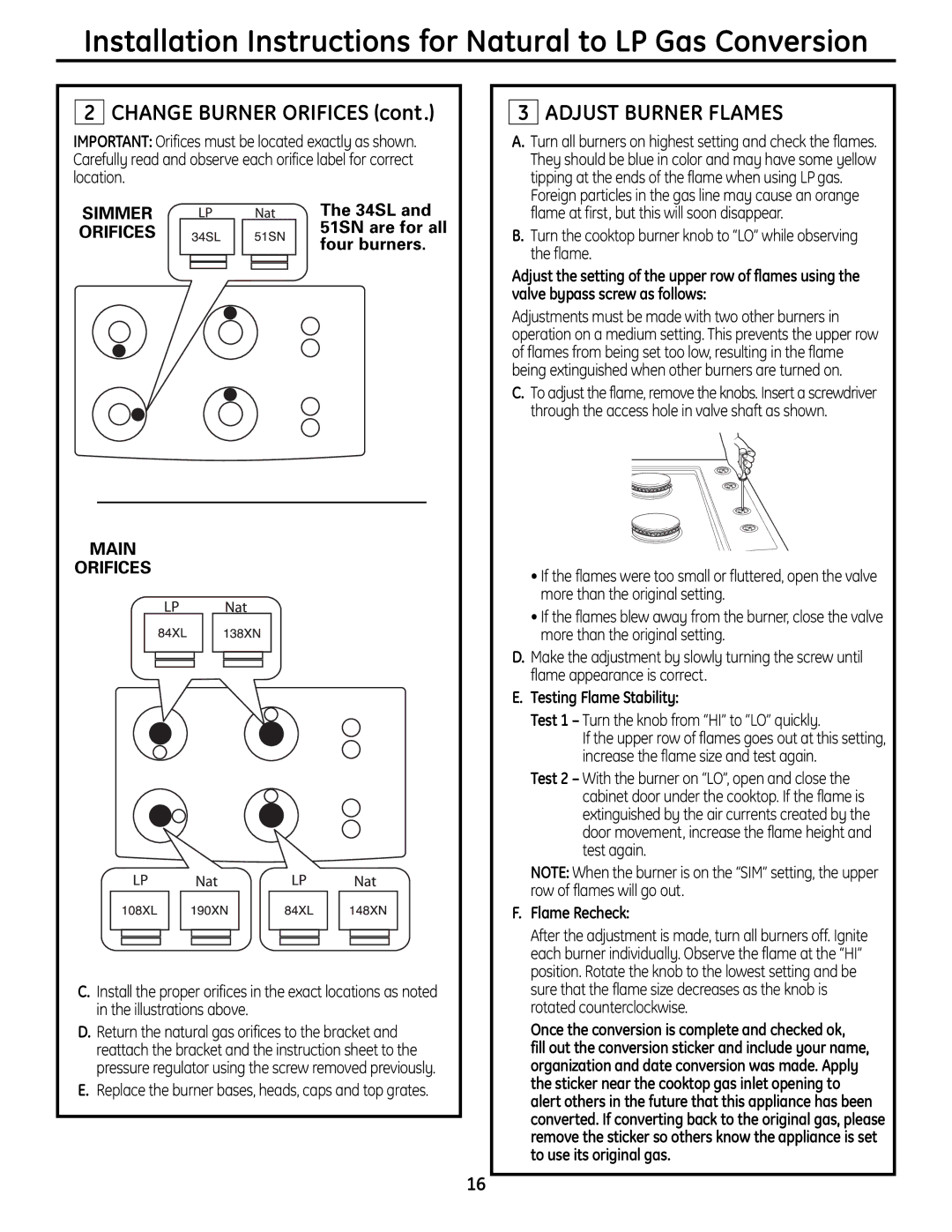 GE Monogram ZGU384N installation instructions Adjust Burner Flames 