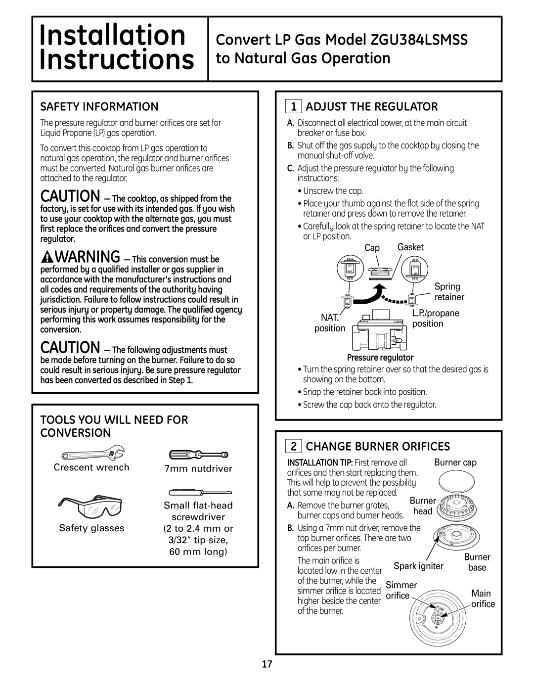 GE Monogram ZGU384N installation instructions Convert LP Gas Model ZGU384LSMSS to Natural Gas Operation 