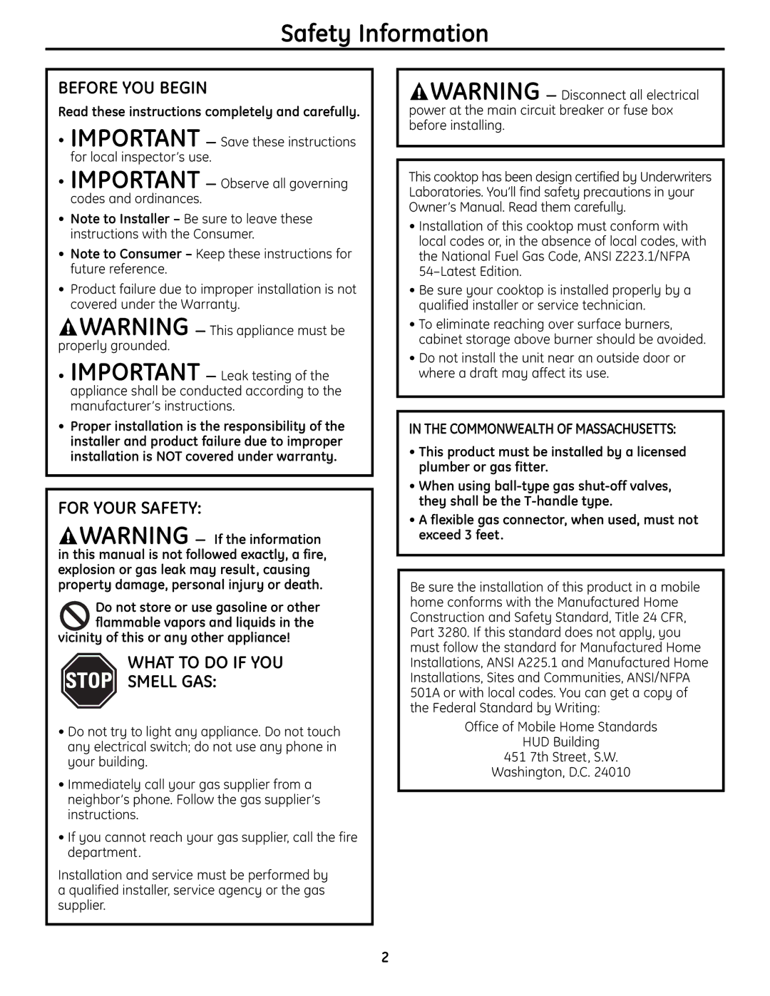 GE Monogram ZGU384N Safety Information, Before YOU Begin, For Your Safety, What to do if YOU Smell GAS 