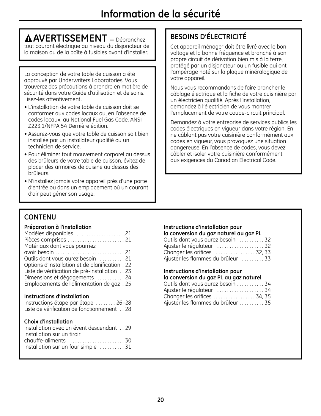 GE Monogram ZGU384N Information de la sécurité Avertissement Débranchez, Besoins D’ÉLECTRICITÉ, Contenu 