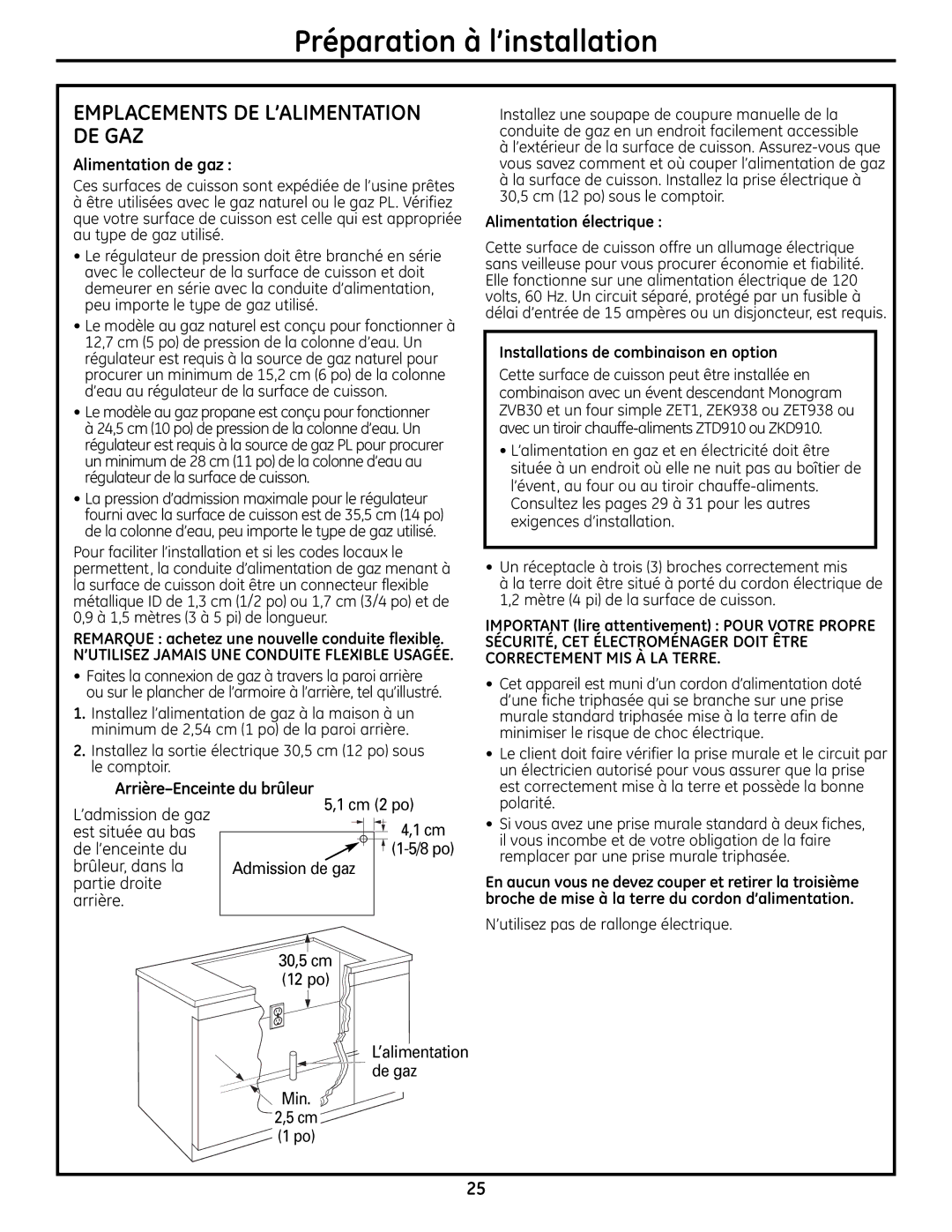 GE Monogram ZGU384N Emplacements DE L’ALIMENTATION DE GAZ, Alimentation de gaz, Arrière-Enceinte du brûleur, De gaz 