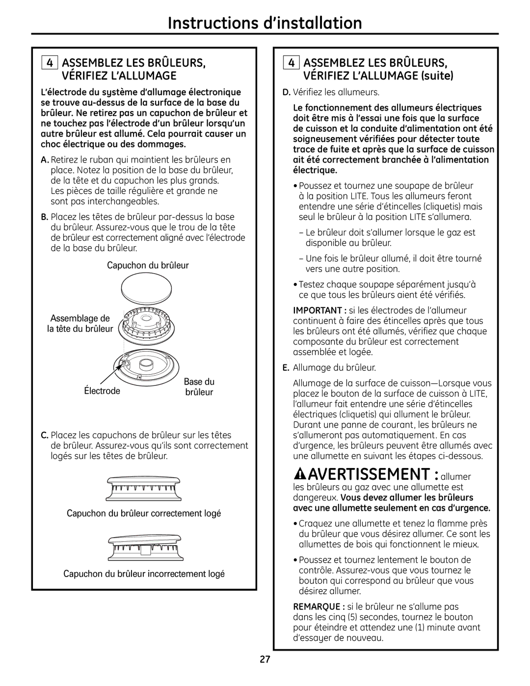 GE Monogram ZGU384N installation instructions Avertissement allumer, Vérifiez les allumeurs 