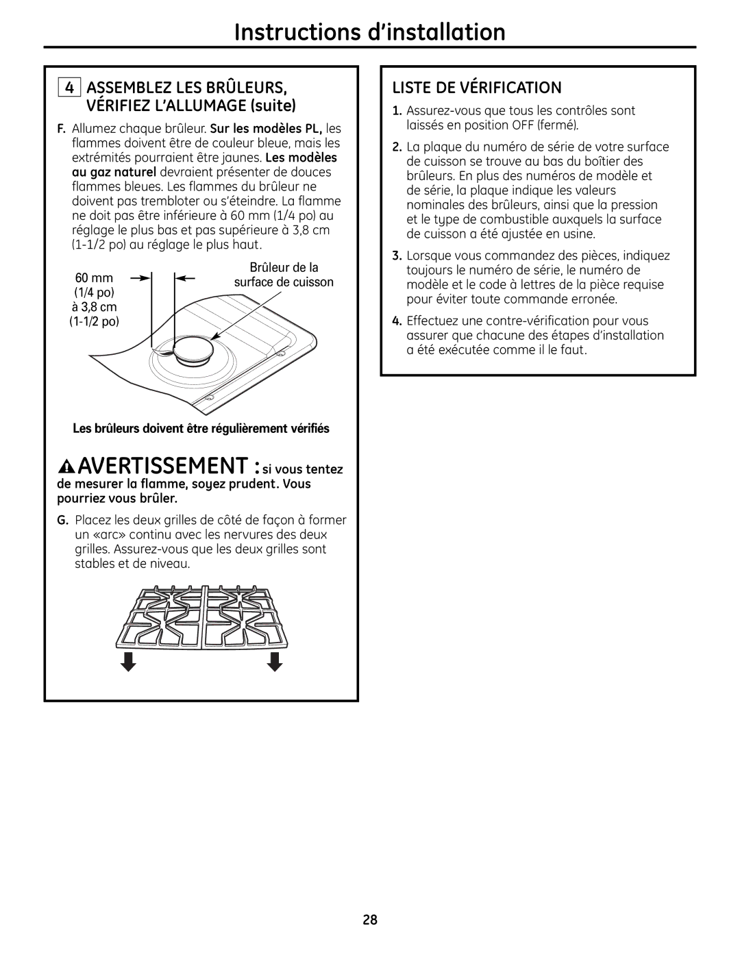 GE Monogram ZGU384N installation instructions Liste DE Vérification, Brûleur de la Mm surface de cuisson 1/4 po 