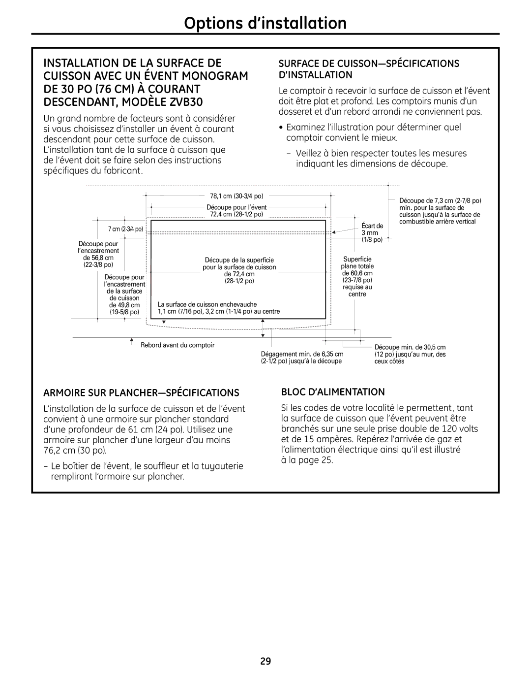 GE Monogram ZGU384N installation instructions Options d’installation, Surface DE CUISSON-SPÉCIFICATIONS D’INSTALLATION 