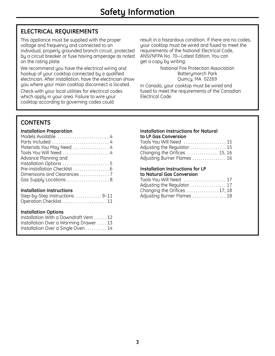 GE Monogram ZGU384N installation instructions Electrical Requirements, Contents 