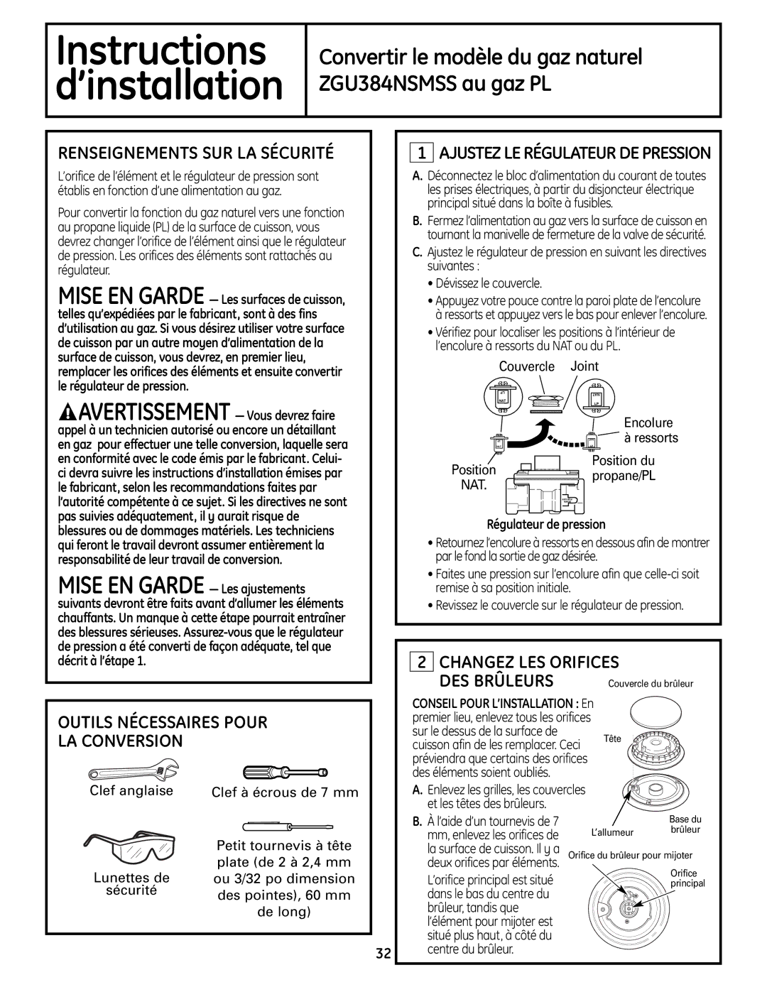 GE Monogram ZGU384N Renseignements SUR LA Sécurité, Outils Nécessaires Pour LA Conversion, Encolure 