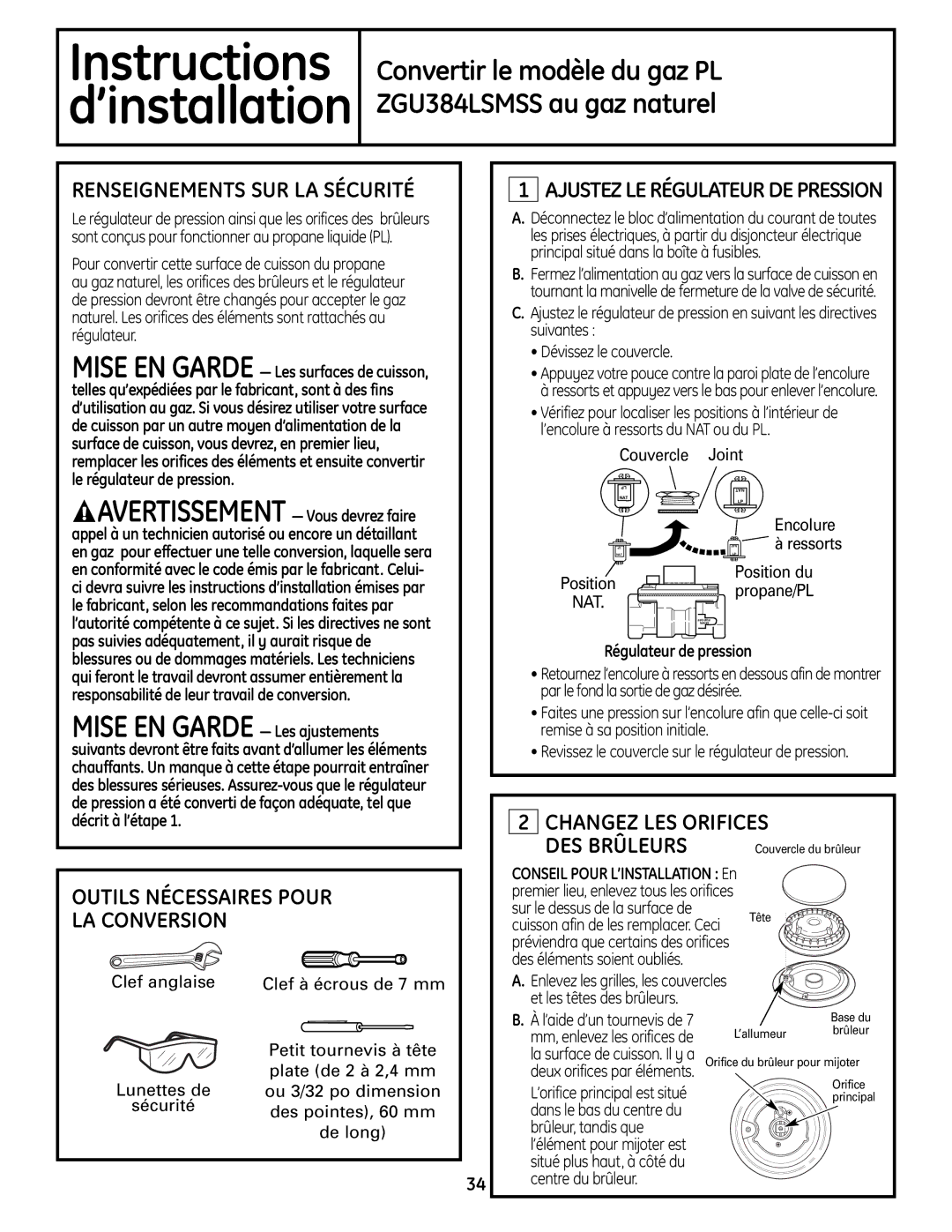 GE Monogram ZGU384N installation instructions Convertir le modèle du gaz PL ZGU384LSMSS au gaz naturel 