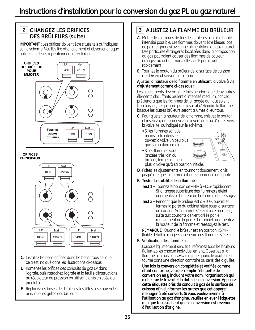 GE Monogram ZGU384N installation instructions Ajustez LA Flamme DU Brûleur 