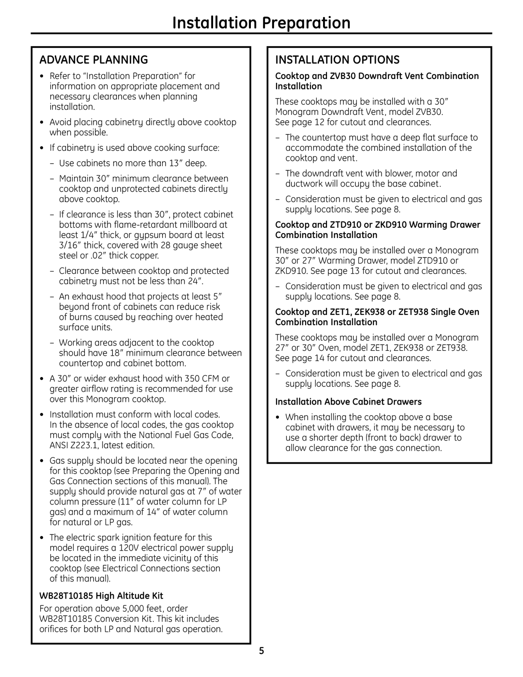 GE Monogram ZGU384N installation instructions Advance Planning, Installation Options, WB28T10185 High Altitude Kit 