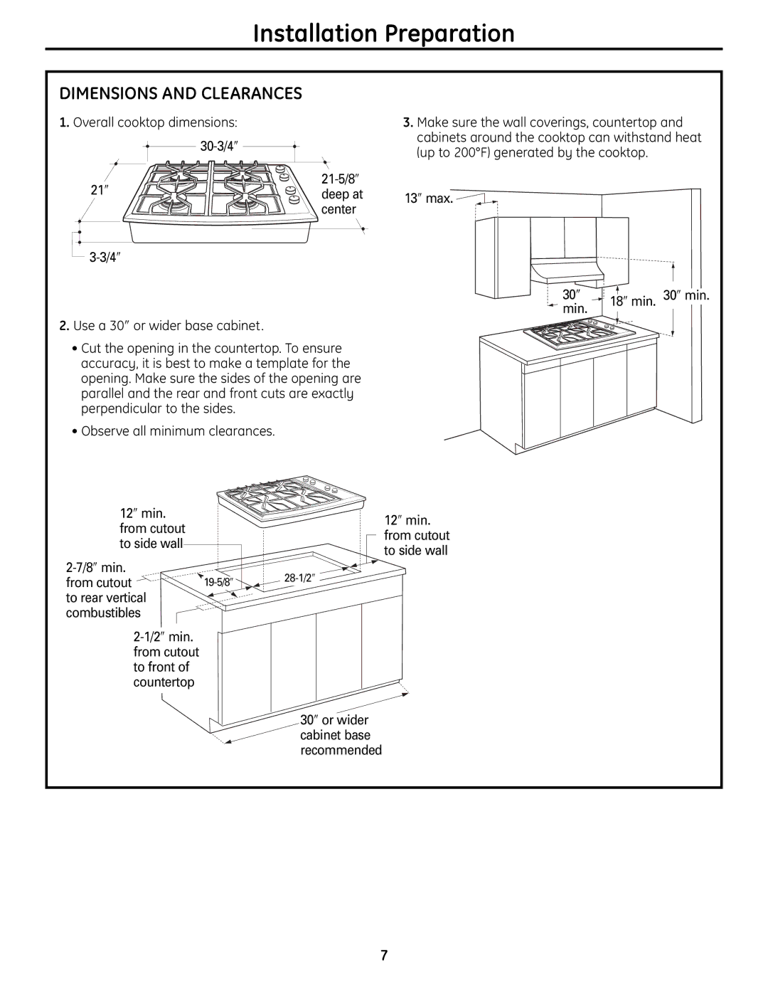GE Monogram ZGU384N Dimensions and Clearances, Overall cooktop dimensions 30-3/4 ″ 21 ″, To side wall, 8″min 