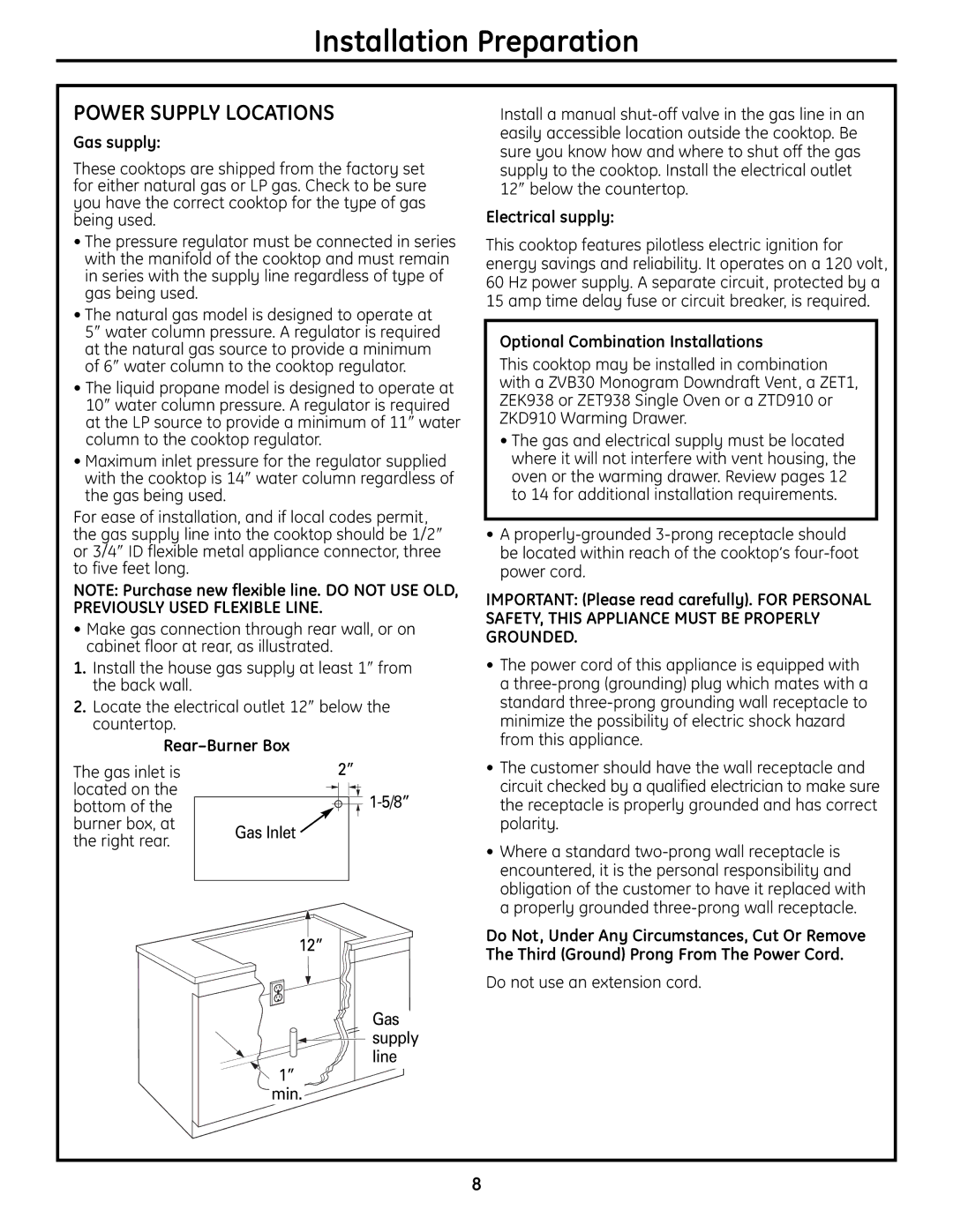 GE Monogram ZGU384N installation instructions Power Supply Locations, Gas supply, Rear-Burner Box, Electrical supply 