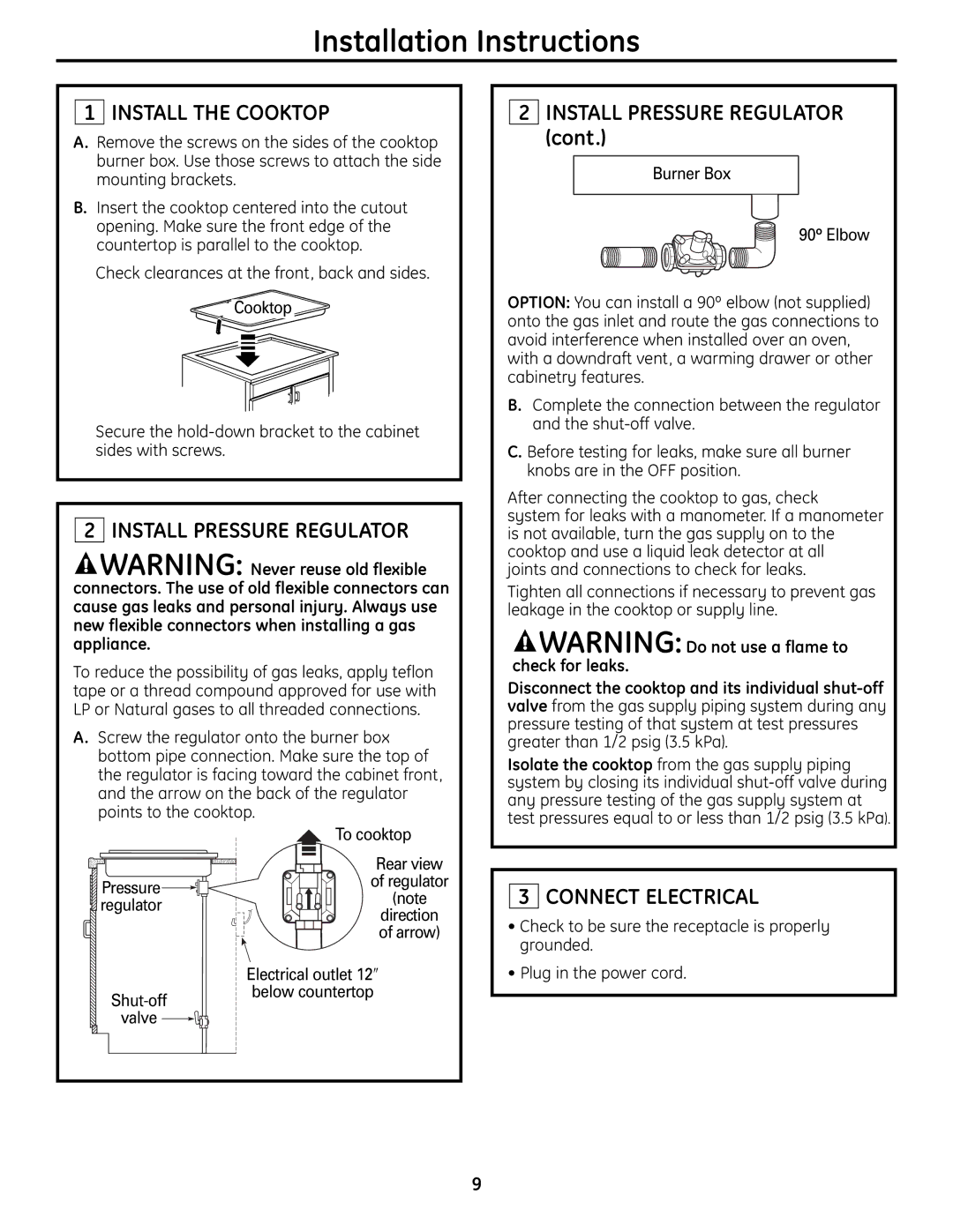 GE Monogram ZGU384N Installation Instructions, Install the Cooktop, Install Pressure Regulator, Connect Electrical 