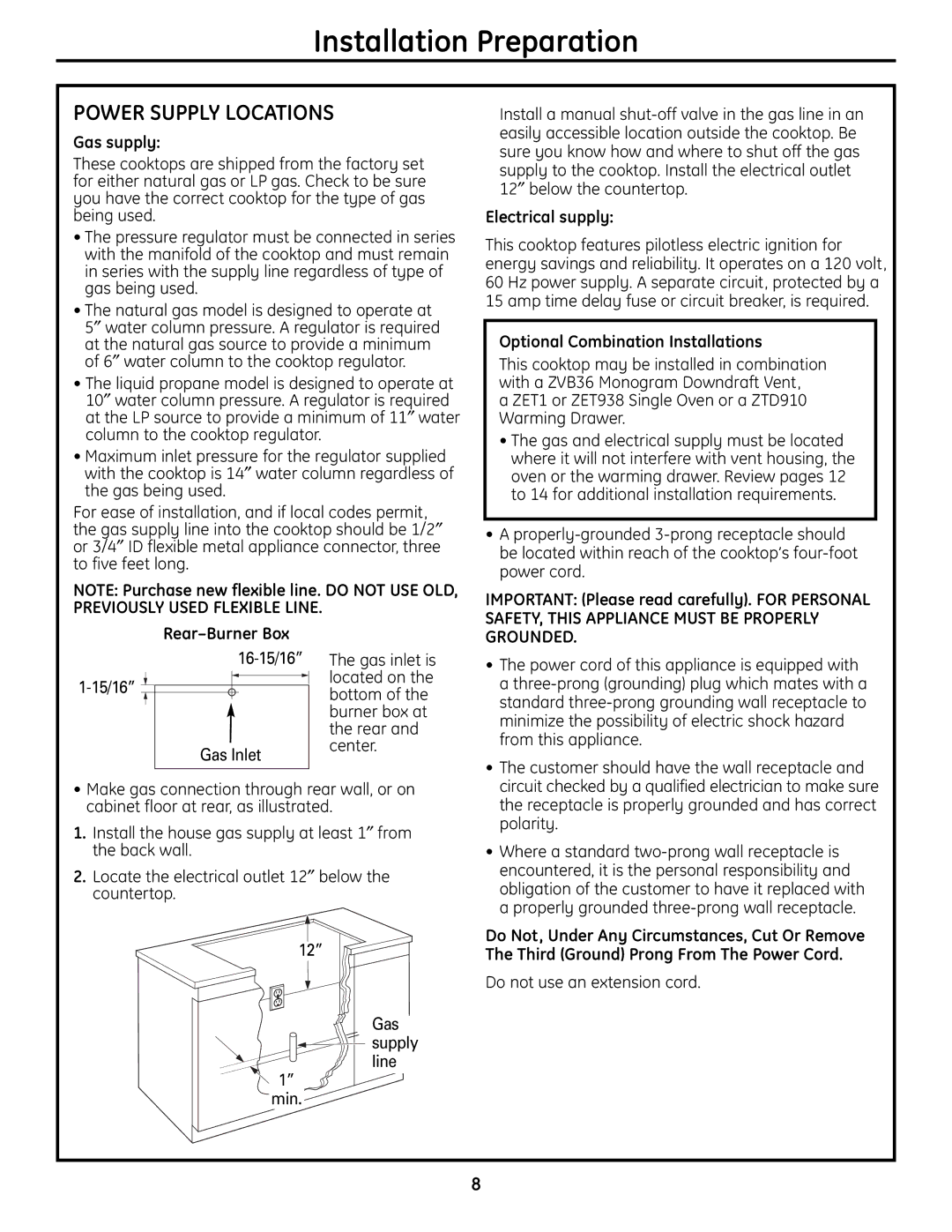 GE Monogram ZGU385N, ZGU385L Power Supply Locations, Gas supply, Electrical supply, Optional Combination Installations 