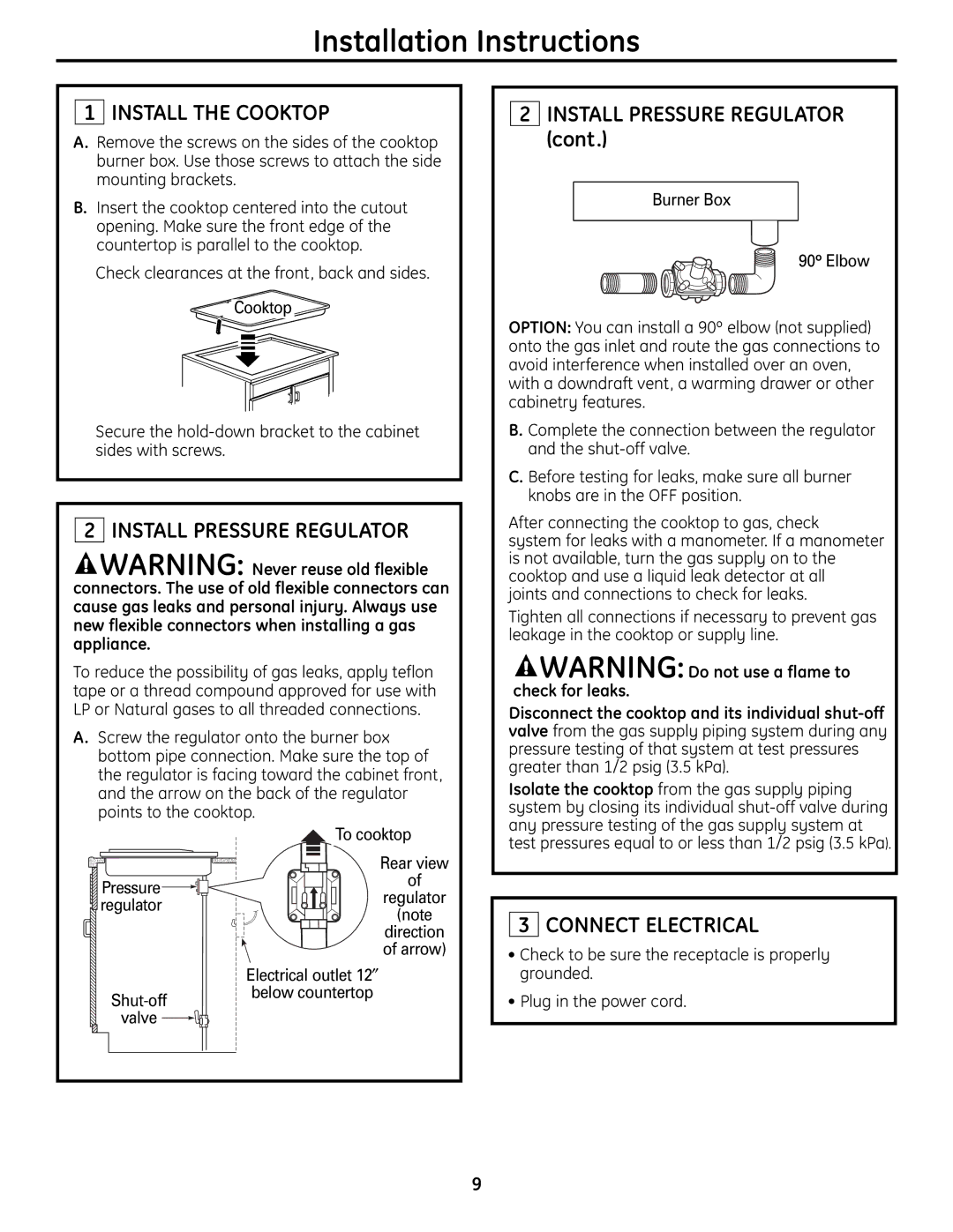 GE Monogram ZGU385L Installation Instructions, Install the Cooktop, Install Pressure Regulator, Connect Electrical 