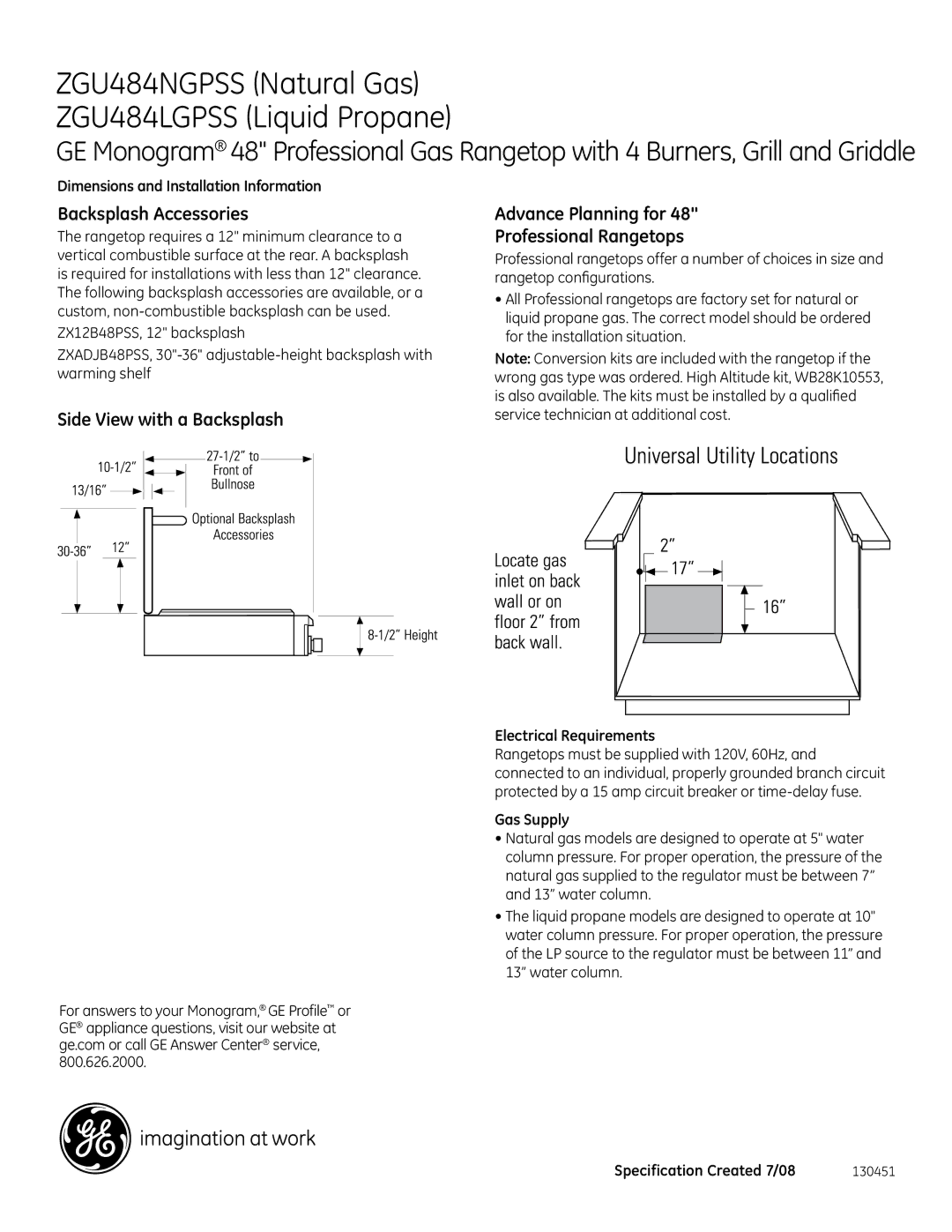 GE Monogram ZGU484LGPSS, ZGU484NGPSS dimensions Backsplash Accessories, Electrical Requirements, Gas Supply 